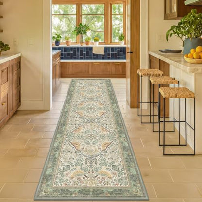 Vintage Runner Rugs for Hallways - Sage Green 2'6"x10' Wide Kitchen Runners, 10 ft Long Entryway Rug, Botanical Pattern with Flowers and Leaves, Washable Non Slip Low Pile