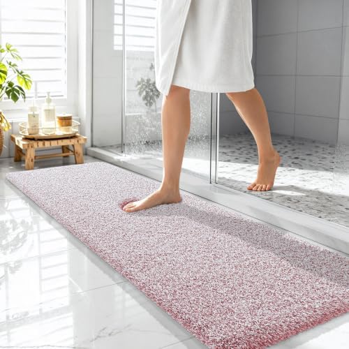 OLANLY Microfiber Bathroom Rugs 59x20, Quick Dry Mat, Deep Rose and White