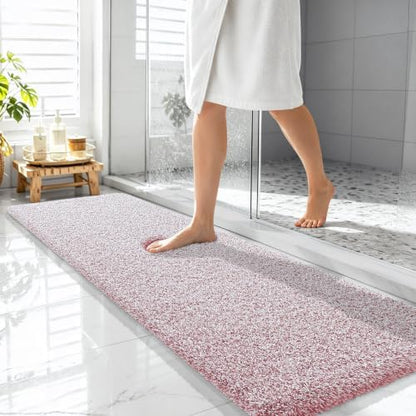 OLANLY Microfiber Bathroom Rugs 59x20, Quick Dry Mat, Deep Rose and White