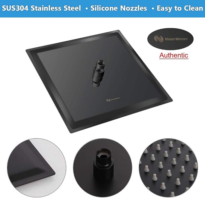 NearMoon Square Rain Shower Head With Extension Arm, Large Stainless Steel Rainfall Shower-Waterfall Full Body Coverage (12 Inch, Matte Black)