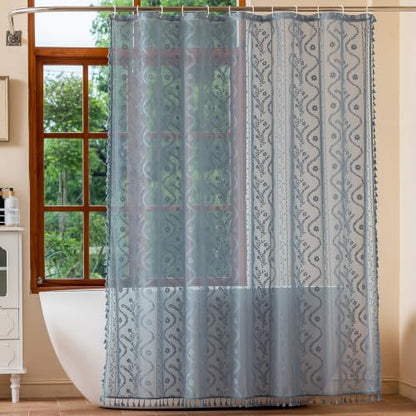 WAZZIO Slate Blue Lace Shower Curtain for Bathroom 72" W x 72" L, Victorian Farmhouse Floral Pattern Tassel Fancy Shower Curtain Boho Washable Cloth Decorative Bath Curtains,1 Panel