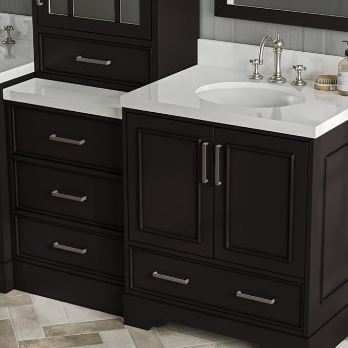 ARIEL Stafford 84-inch Bathroom Vanity with Sink,Solid Wood, 1.5-inch Pure White Quartz Countertop & Backsplash, Double Oval Porcelain Sink, 5 Soft Closing Doors, 6 Dovetail Drawers, Espresso