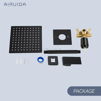 Airuida 10 Inch Matte Black Shower Faucet Set,Rainfall Shower System | Ceiling Shower Head,Male Thread Rough-in Valve,Ceiling Mount,Single Handle