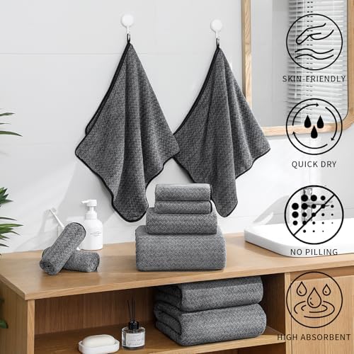 Ultra Soft Bath Towel Set,12 Piece (4 Bath Towels,4 Hand Towels,4 Washcloths) Family Bathroom Towel Set with Hanging Loops,Quick Dry Extra Absorbent Fluffy Shower Towel for Bathroom,Hotel,Spa-Black