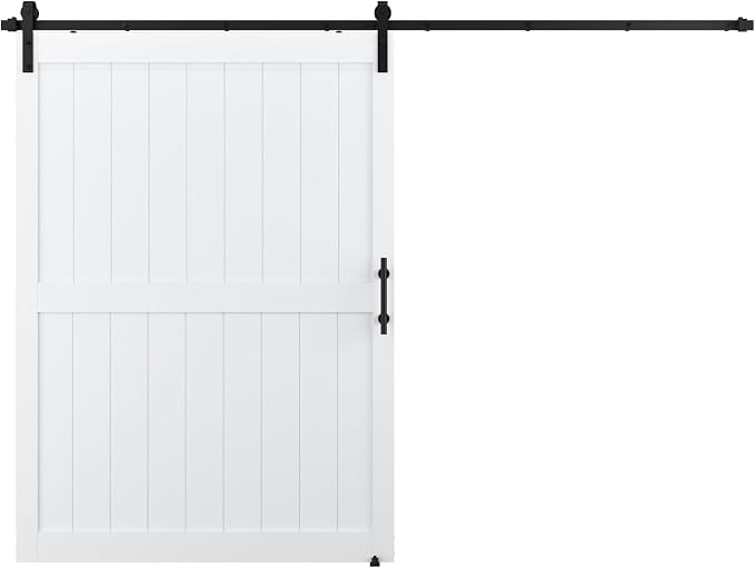 60 x 84in MDF Sliding Barn Door with 10ft Barn Door Hardware Kit & Handle | White Solid Barn Door Slab Covered with Water-Proof PVC Surface, Pre-Drilled Holes Easy Assembly, H-Frame