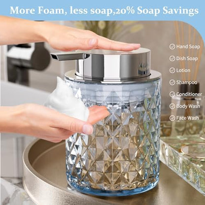 Glass Bathroom Accessories Set 5Pcs Crystal Blue - Foaming Soap Dispenser, Soap Dish, Cup, Acrylic Toothbrush Holder with Tray Organizer, Cotton Swab Jar, Bathroom Counter Set Sink Decor