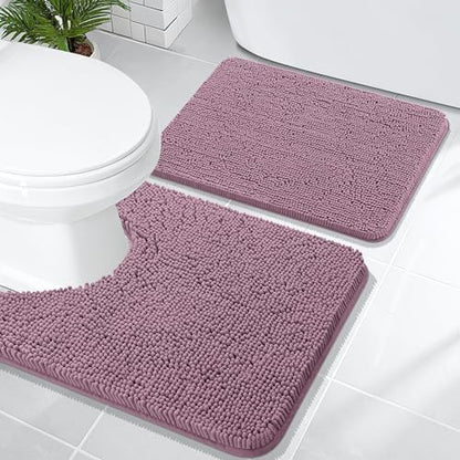 OLANLY Chenille Bathroom Rugs Mats Sets 2 Piece, 24"x16"+24"x20", Deep Plum