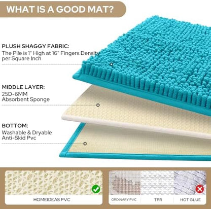 HOMEIDEAS Teal Blue Chenille Bathroom Rugs Set of 3, Non Slip Bath Mat