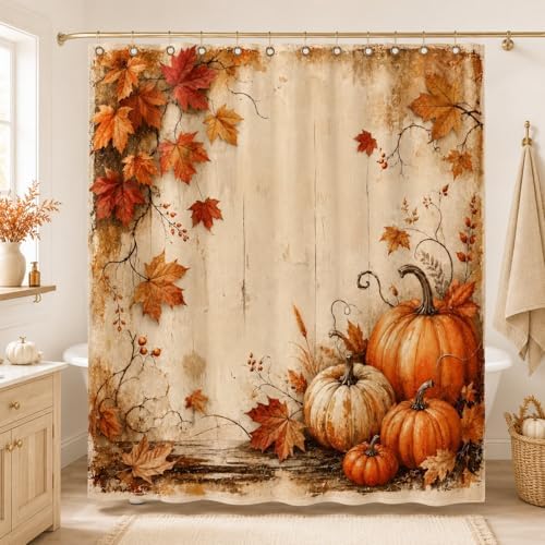 Fall Shower Curtain, Pumpkin Maple Leaves Vintage Wood Bathroom Curtain, Autumn Harvest Farmhouse Thanksgiving Bathroom Decor, Waterproof Polyester Fabric Shower Curtain with Hooks, 72x72 Inch