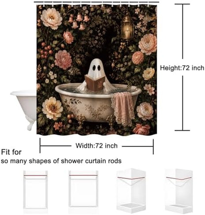 Ghost Shower Curtain 72 x 72 Inch, Waterproof Polyester Halloween Bathroom Curtain with 12 Plastic Hooks, Dark Floral Vintage Bathtub Bath Curtain for Tub Decor