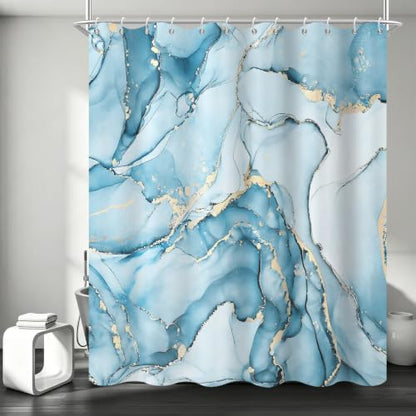 Aqua Blue Marble Shower Curtain Modern Abstract Luxury Gold Ink Texture Ombre Watercolor Bathroom Curtain Set with Hooks Soft and Lightweight Waterproof Fabric Machine Washable 60" Wx72 L