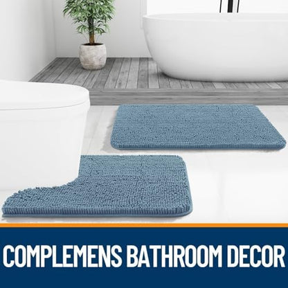 OLANLY Chenille Bathroom Rugs Mats Sets 2 Piece, 47"x20"+24"x20", Airy Blue