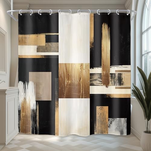 Riyidecor Black Gold Abstract Shower Curtain for Bathroom Decor 72Wx72H Oil Painting Boho Beige Artistic Aesthetic Modern Geometric Art Printed Fabric Polyester Waterproof 12 Pack Plastic Hooks