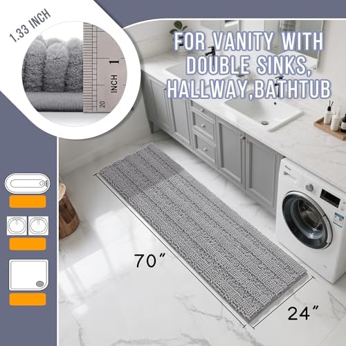 Yimobra Bathroom Runner Rug, 70 x 24, Long Bathroom Rugs Large Bath Mat, Soft Super Absorbent and Thick, Non-Slip, Machine Washable, Carpets for Home, Nursery, Bed and Living Room, Gray