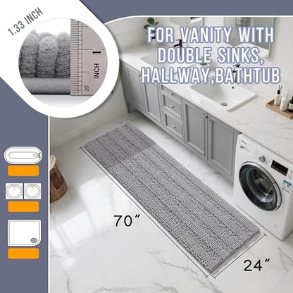 Yimobra Bathroom Runner Rug, 70 x 24, Long Bathroom Rugs Large Bath Mat, Soft Super Absorbent and Thick, Non-Slip, Machine Washable, Carpets for Home, Nursery, Bed and Living Room, Gray