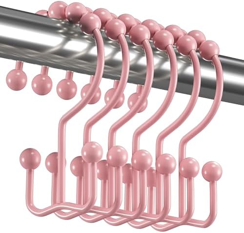 Titanker Shower Curtain Hooks Rings, Rust-Resistant Metal Double Glide Shower Hooks for Bathroom Shower Rods Curtains, Set of 12 Hooks - Light Pink