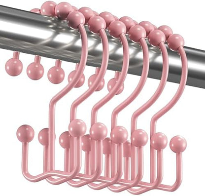 Titanker Shower Curtain Hooks Rings, Rust-Resistant Metal Double Glide Shower Hooks for Bathroom Shower Rods Curtains, Set of 12 Hooks - Light Pink