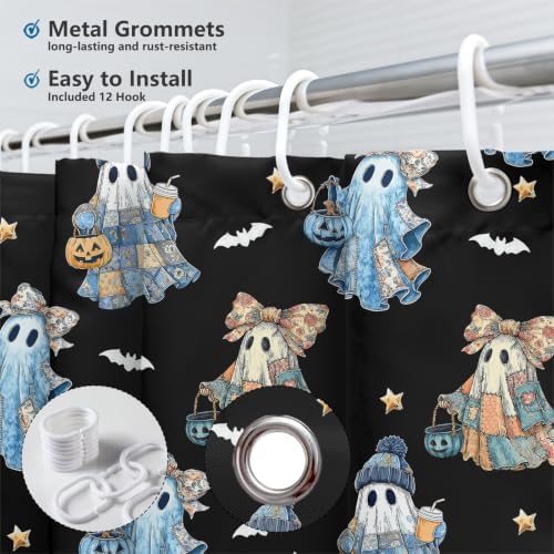 MEHOFOND Halloween Blue Black Patchwork Ghost Shower Curtain Bath Curtain