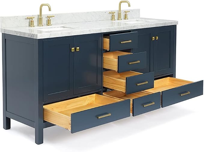 ARIEL Cambridge 72-inch Bathroom Vanity with Sink,Solid Wood, 1.5-inch Italian Carrara Marble Countertop, Double Rectangular Porcelain Sink, 4 Soft Closing Doors, 6 Dovetail Drawers, Midnight Blue