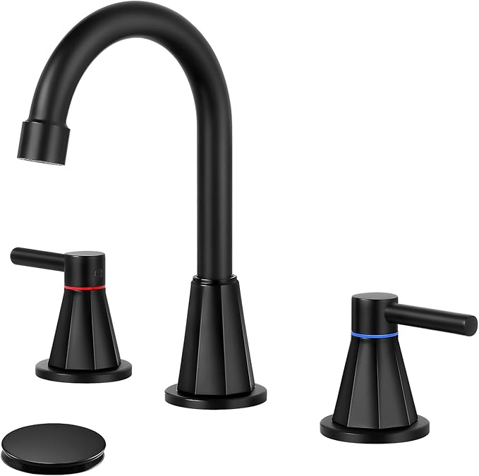 Bathroom Faucets for Sink 3 Hole 8 Inch Widespread 2 Handle Bathroom Faucet with Pop-up Drain and 360° Swivel Spout,Matte Black