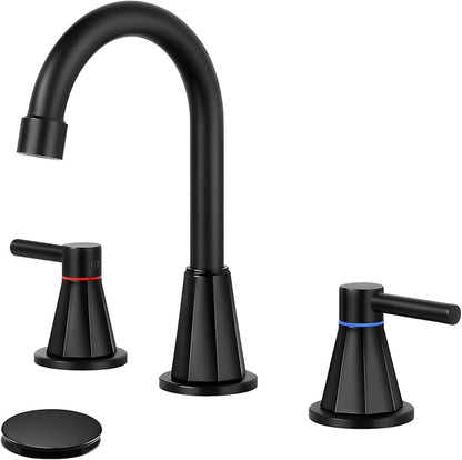 Bathroom Faucets for Sink 3 Hole 8 Inch Widespread 2 Handle Bathroom Faucet with Pop-up Drain and 360° Swivel Spout,Matte Black