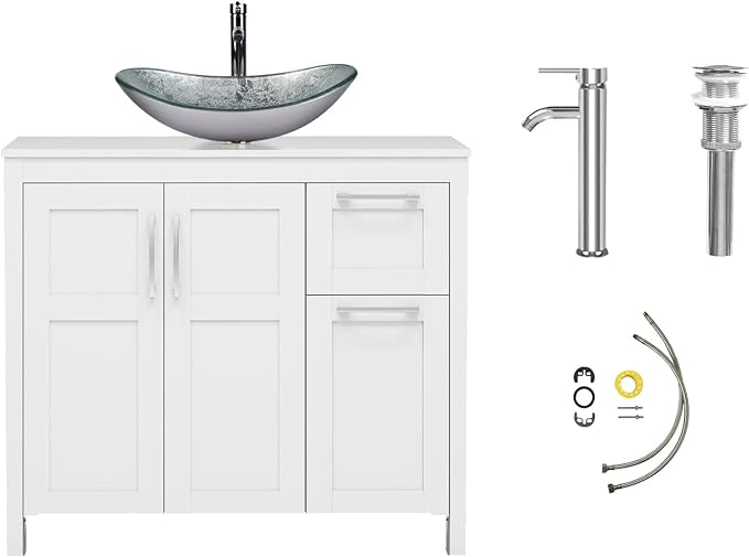 YOURLITE 36" Bathroom Vanity with Sink, White Bathroom Vanity and Sink Combo with Faucet & Pop Up Drain Set,Traditional Vanity with Blue Glass Boat Bathroom Sink