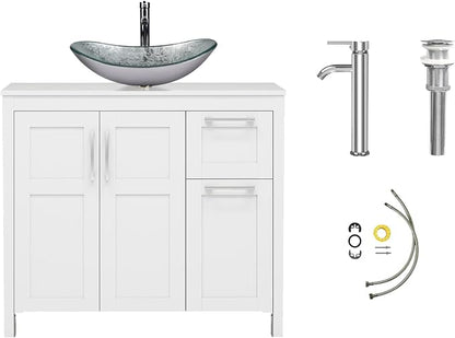 YOURLITE 36" Bathroom Vanity with Sink, White Bathroom Vanity and Sink Combo with Faucet & Pop Up Drain Set,Traditional Vanity with Blue Glass Boat Bathroom Sink