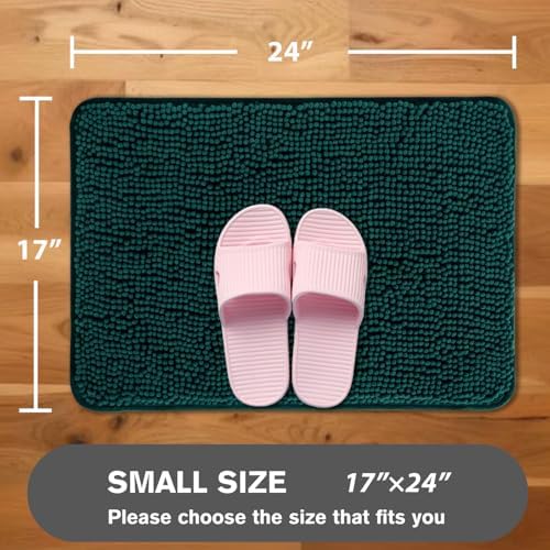 Dark Teal Bathroom Rugs – Absorbent and Washable Bath Mat, Non-Slip, Thick Soft Chenille Bath Rugs for Bathroom Floor, Shower, Sink - 17" x 24"