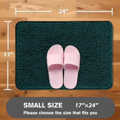 Dark Teal Bathroom Rugs – Absorbent and Washable Bath Mat, Non-Slip, Thick Soft Chenille Bath Rugs for Bathroom Floor, Shower, Sink - 17" x 24"