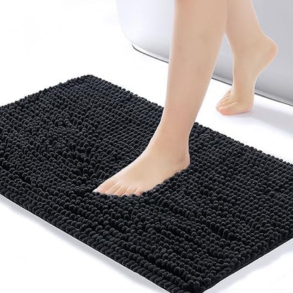 FRESHMINT Large Chenille Bathroom Rugs Mat 36”x24”, Non-Slip Bath Mat for Bathroom Floor & Bathtub, Washable Shower Shag Bath Rugs, Soft Fluffy Thick Water Absorbent Microfiber Shower Mat, Black