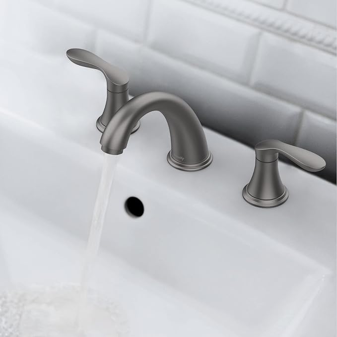 Bathroom Sink Faucet, Faucet for Bathroom Sink, Widespread Gun Grey Bathroom Faucet 3 Hole with Stainless Steel Pop Up Drain and cUPC Lead-Free Hose - (Gun Grey)