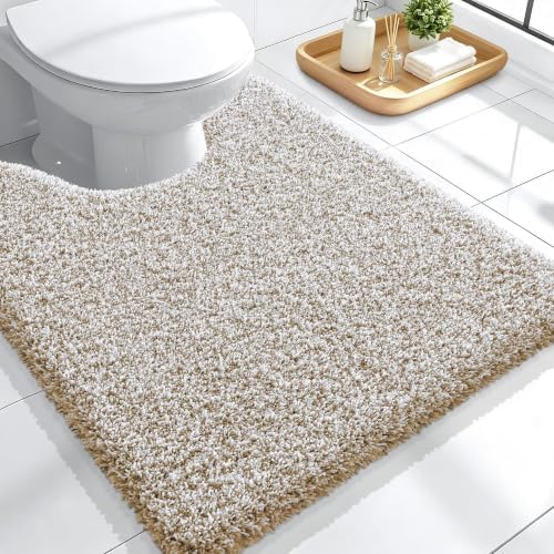 OLANLY Microfiber Bathroom Toilet Rugs U-Shaped Mat 24x20, Beige and White