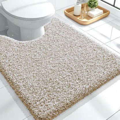 OLANLY Microfiber Bathroom Toilet Rugs U-Shaped Mat 24x20, Beige and White