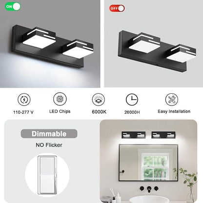 LED Modern Bathroom Vanity Light Fixtures, Dimmable Matte Black Vanity Lights for Bathroom Lighting Fixtures Over Mirror, with 360° Rotatable Acrylic Heads 2-Light 16-inch (Cool White 6000K)