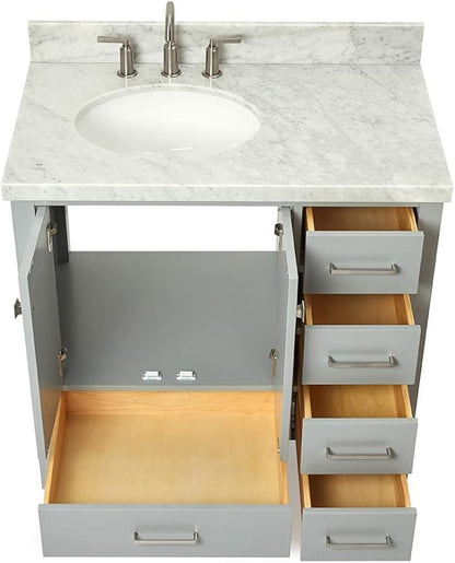 ARIEL Cambridge 36-inch Bathroom Vanity with Sink,Solid Wood, 1.5-inch Italian Carrara Marble Countertop & Backsplash, Single Oval Porcelain Sink, 2 Soft Closing Doors, 5 Dovetail Drawers, Grey