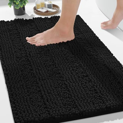 Yimobra Bathroom Rug Mat 36 x 24, Non Slip and Super Absorbent Bath Mat,Machine Washable Quick Dry,Ultra Plush Chenille Shower Rugs for Bathroom Floor Sink Tub and Shower Outside,Black