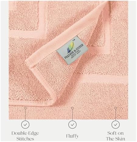 Feather & Stitch 2 Piece Towel Like Bath Mats (30x21 Inch) 100% Cotton Terry Bath Mats, Bathroom Shower Floor Mats [NOT A Bathroom Rug], Soft Absorbent Washable Mats - Pale Peach