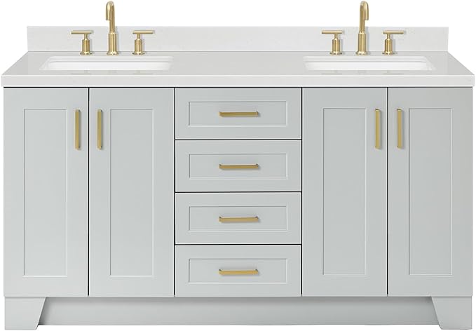 ARIEL Taylor 66-inch Bathroom Vanity with Sink,Solid Wood, 1.5-inch Carrara White Quartz Countertop & Backsplash, Double Rectangular Porcelain Sink, 4 Soft Closing Doors, 5 Dovetail Drawers, Grey