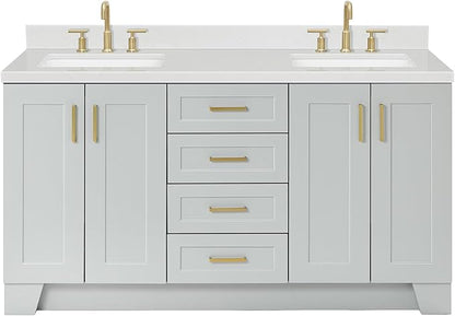 ARIEL Taylor 66-inch Bathroom Vanity with Sink,Solid Wood, 1.5-inch Carrara White Quartz Countertop & Backsplash, Double Rectangular Porcelain Sink, 4 Soft Closing Doors, 5 Dovetail Drawers, Grey