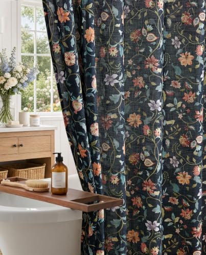 jinchan Linen Shower Curtain for Bathroom with 12 Hooks,Blue,70x72