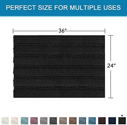 H.VERSAILTEX Bath Mats for Bathroom Non Slip Extra Thick Chenille Striped Bath Rug 24" x 36" Absorbent Non Skid Fluffy Soft Shaggy Rugs Washable Dry Fast Plush Mats for Indoor, Bath Room, Tub - Black