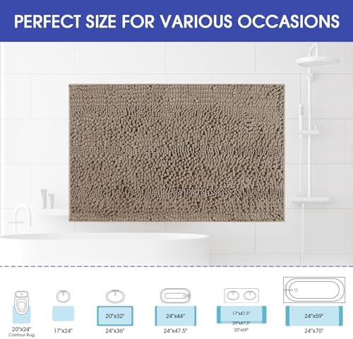 ACCUMTEK Striped Dark Beige Bathroom Rug Mat 24"x17" Ultra Soft, Non Slip Chenille Bath Rugs, Absorbent Plush Shaggy Bath Mats for Bathroom, Bedroom, Kitchen, Shower, Tub,Taupe