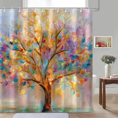 Moonslim Colorful Tree Shower Curtains, Stained Glass Trees Leaves Colored Seasons Fabric Shower Curtain Set Modern Aesthetic Bath Curtain for Bathroom Decor Waterproof Cloth with Hooks 72X84 Inch