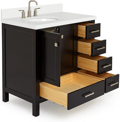 ARIEL Cambridge 36-inch Bathroom Vanity with Sink,Solid Wood, 1.5-inch Pure White Quartz Countertop & Backsplash, Single Oval Porcelain Sink, 2 Soft Closing Doors, 5 Dovetail Drawers, Espresso