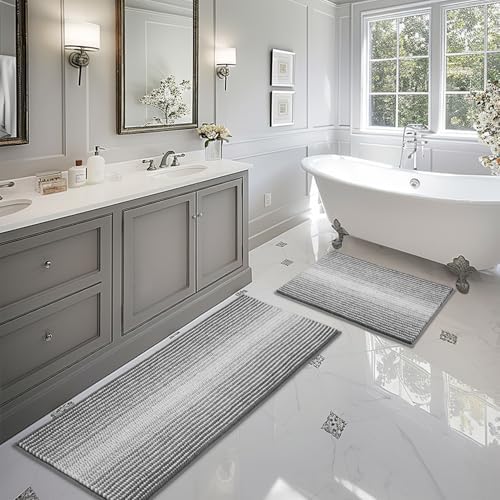 BSICPRO Bathroom Rugs Sets 2 Piece, Non Slip Striped Bath Mats, Gray