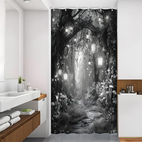 Fantasy Forest Path Shower Curtain Grey Fairy Magical Enchanted Misty Jungle Mushroom Floral Tree Butterfly Lantern Wonderland Bath Curtain Fabric Bathroom Accessories Decor with Hooks 47W x63L