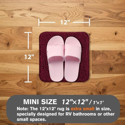 Small Bathroom Rug 12"x12" – Washable and Absorbent Mini Bath Mat, Non Slip, Thick Soft Chenille Bath Rugs for Bathroom, Shower, Locker Rug(Vivid Burgundy)