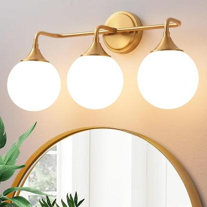 Brushed Gold Bathroom Light Fixtures Over Mirror Vanity 3-Light | Mid Century Modern Brushed Gold Wall Sconce with Milky White Glass Ball Shades for for Bathroom Dressing Table Bedroom