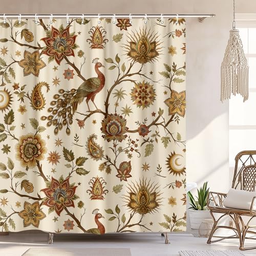 Boho Chic Beige Floral Shower Curtain, Vintage Rustic Antique Victorian Peacock Paisley Farmhouse Shower Curtain Set, Witchy Aesthetic Retro Bath Curtains Bathroom Accessories with Hooks,72X72 Cream