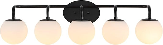 JONATHAN Y 33" Black Modern Globe Wall Sconce Vanity Light for Bathroom, White Frosted Glass Shade, Midcentury Parisian Bistro Wall Lamp, LED Bulb Included (JYL3559B)